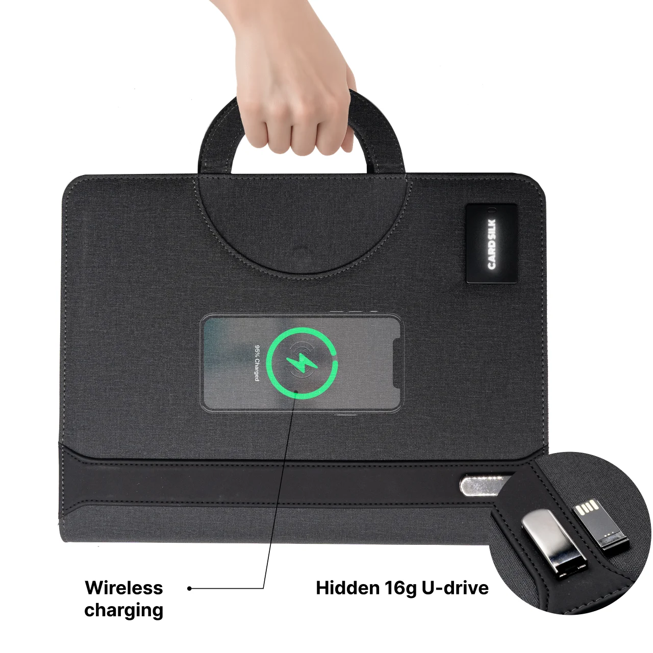 Padfólio de couro com carregamento sem fio, alça oculta e prancheta – Pasta organizadora comercial com bloco de notas, suporte para tablet