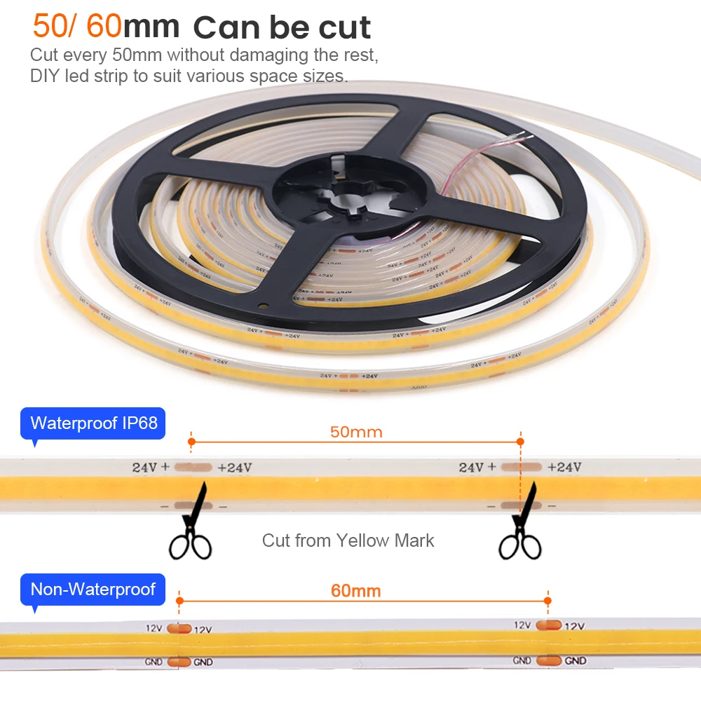 12 فولت 24 فولت COB LED قطاع ضوء IP68 IP67 مقاوم للماء مرنة Led مصباح 320LED 5 متر 10 متر 15 متر 0.5 متر 1 متر عالية الكثافة مشرق بطانة الإضاءة