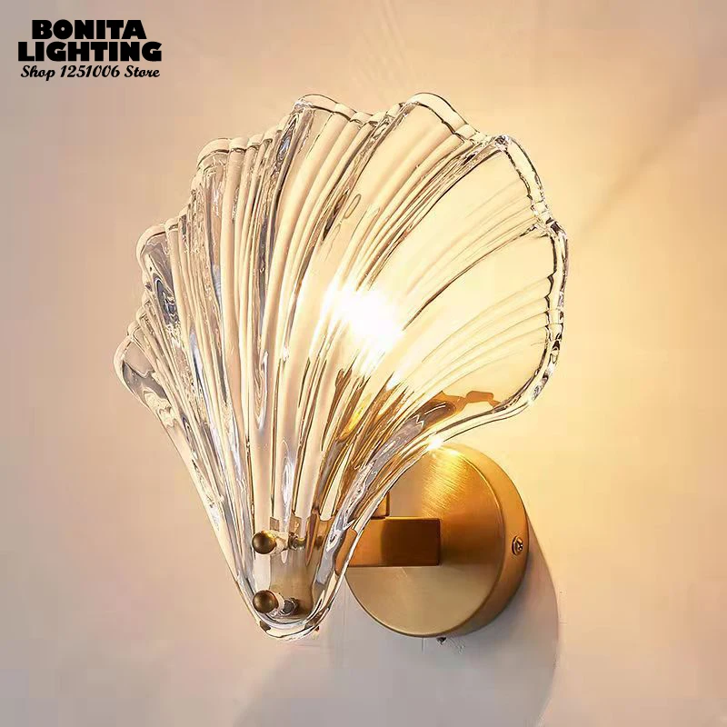 

French Ins Art Glass Sconces Wall Lamps Sea Shell Wall Light Hallway Bathroom Bedside Background Wall Lighting Fixture