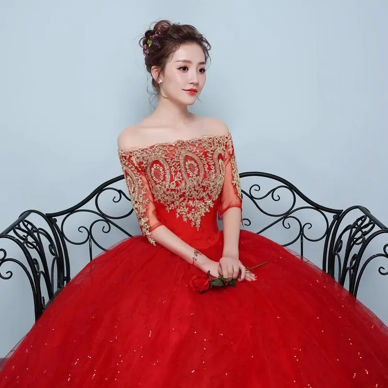 Cheap Red Tulle Wedding Dresses Off the Shoulder Half Sleeves Golden Appliques Princess Floor-length Plus size Ball Gowns XN103