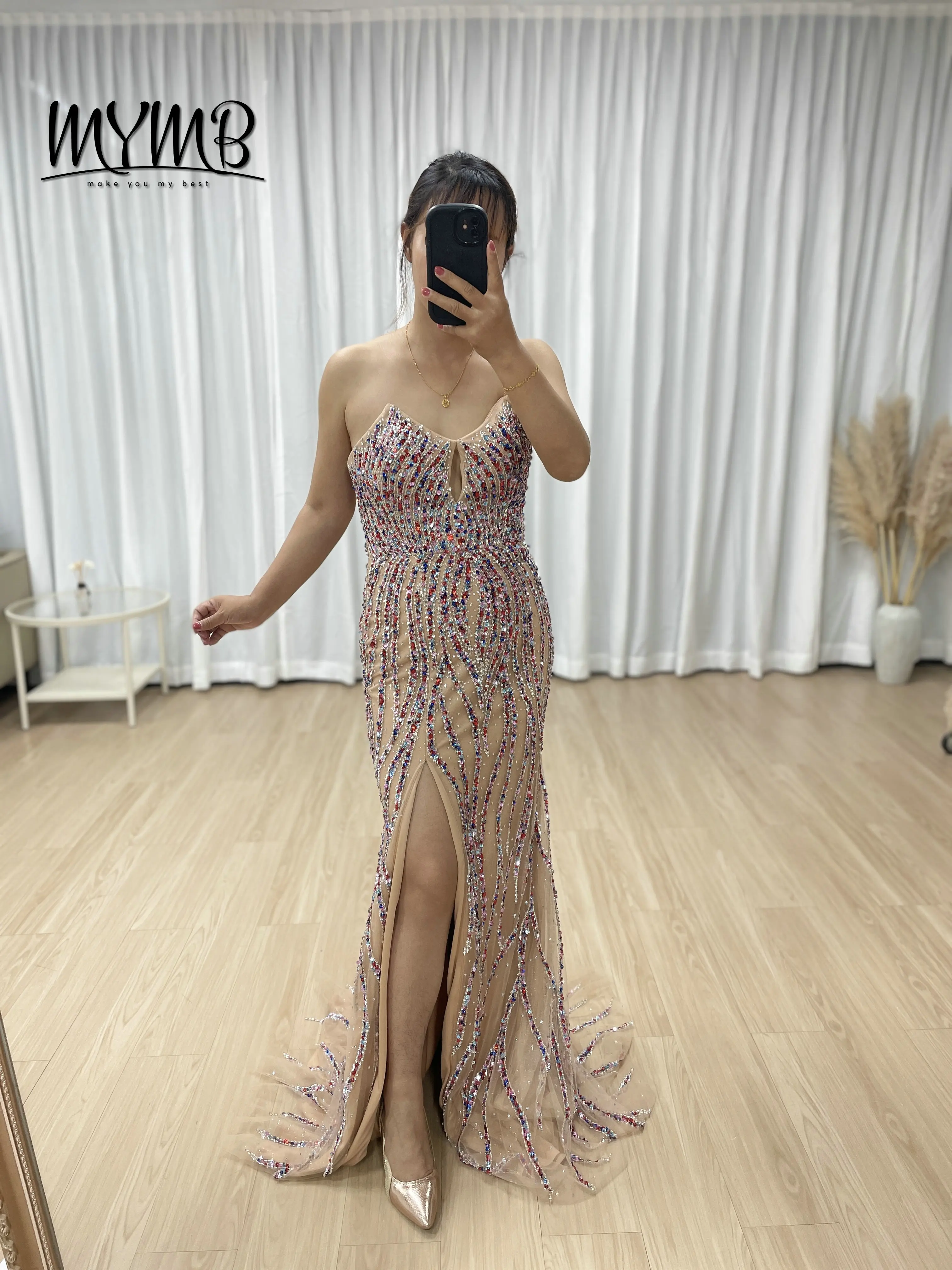 

MYMB Stunning Nude Mermaid Evening Dress Gown With Multicolor Crystal Beads Keyhole Bust and Sexy Front Slit for Banquet MB40414