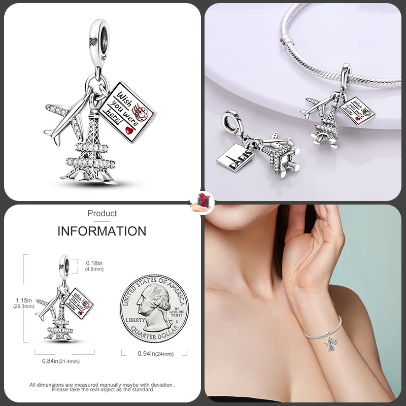 925 Sterling Silver Fashionable Tower Architectural Silver Collection Charm Beads for Brand Original Bracelet DIY Jewelry Gift