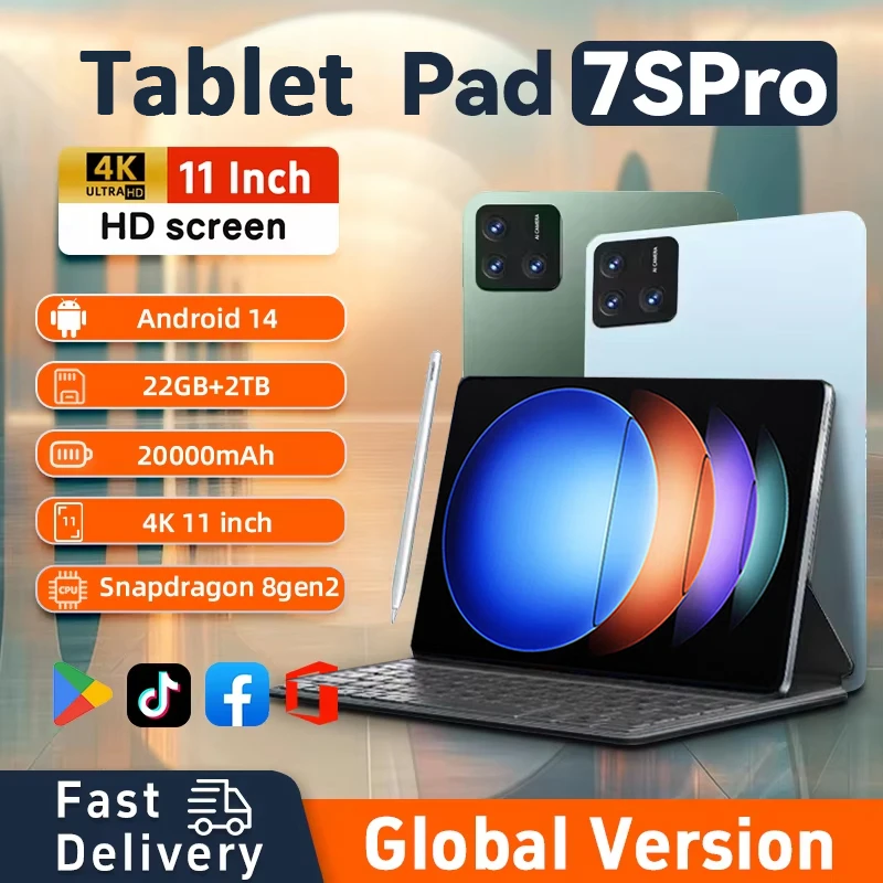 Tablet 7S Pro 11 Inci Asli Baru 2025 Android 14 22GB + 1TB 20000MAh 5G SIM Ganda Bluetooth WiFi HD Layar 4K Tablet PC