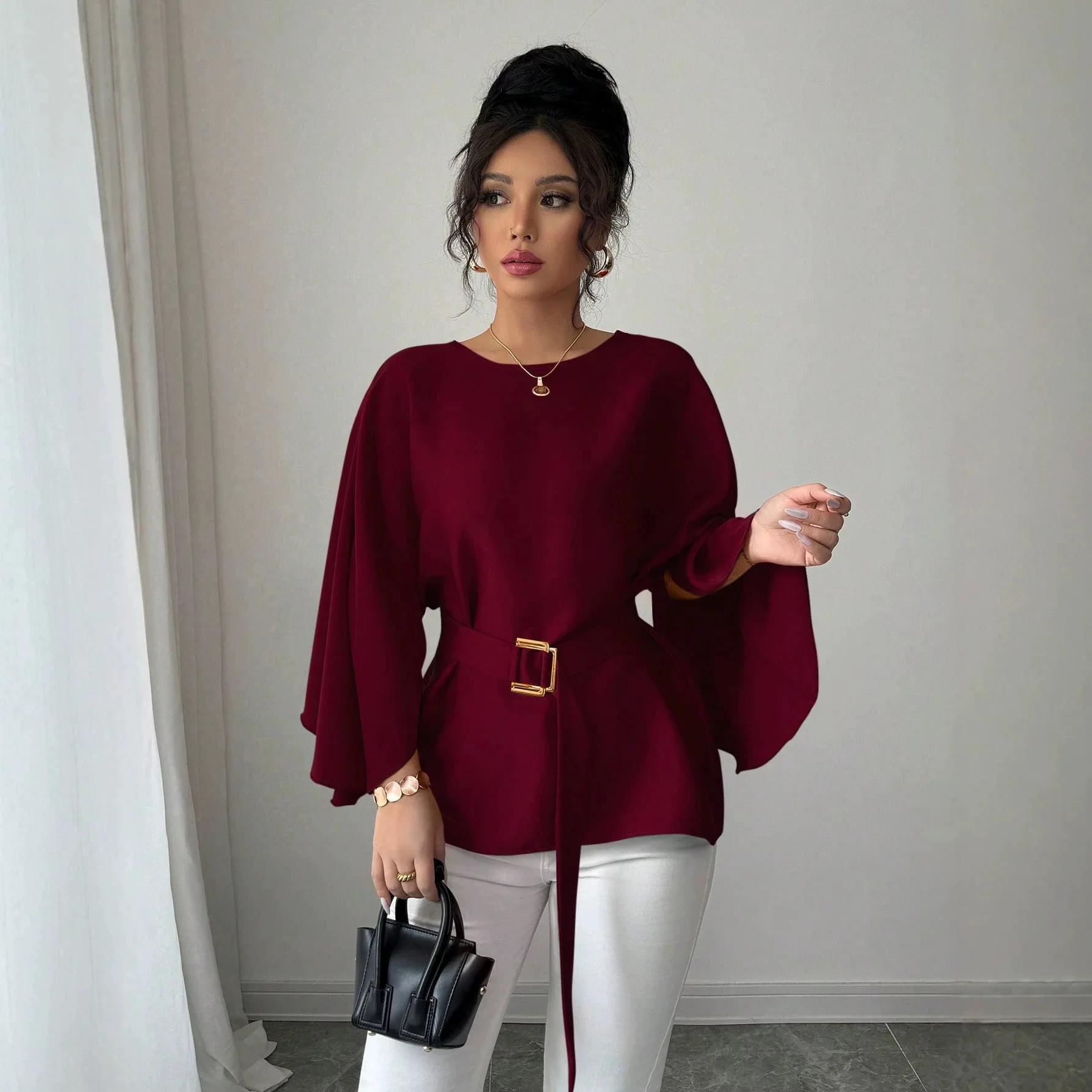 2026 New French-style Ruffled-sleeve,   Round-neck. Top With A Slimming And Stiglich Design Sexy Robe