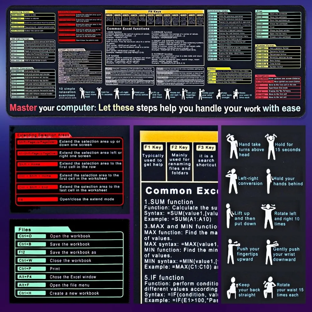 XL Excel Formulas and Shortcuts Desk Mat - Waterproof, Non-Slip Keyboard Cover | Large XL Mouse Pad for Office & Gaming view 5