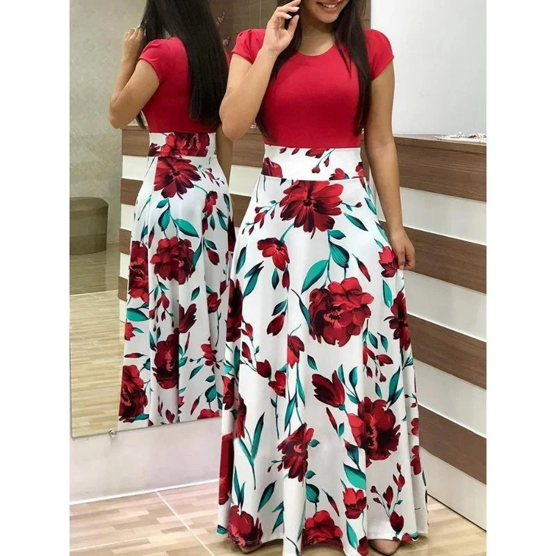 

2026 European and American style flower print color matching short sleeved dress for women's large swing skirt
