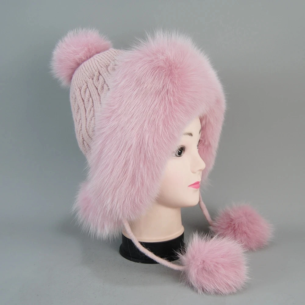 New Winter Elastic 100% Real Raccoon Fur Hat For Women Natural Fox Fur Russian Ushanka Hats Thick Warm Fashion Girls Bomber Cap