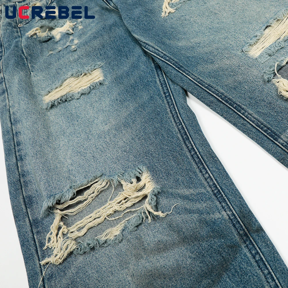 Retro Washed Distressed Ripped กางเกงยีนส์ Mens High Street หลวมตรงขากว้างขา Baggy Denim กางเกงผู้ชาย
