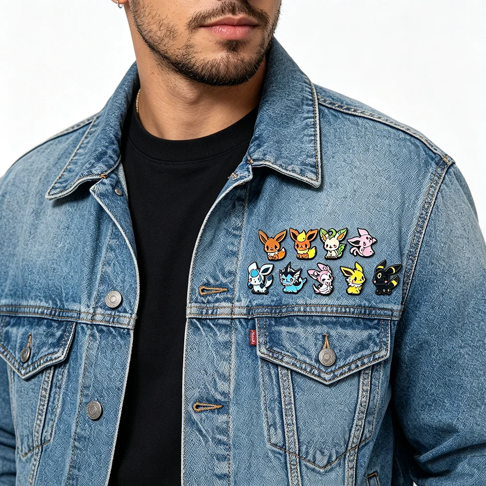 Conjunto de 9 Broches de Anime Elf, Pins de Esmalte Eevee, Emblemas de Metal Modernos, Joias para Roupas e Acessórios de Mochila, Presente para Fãs