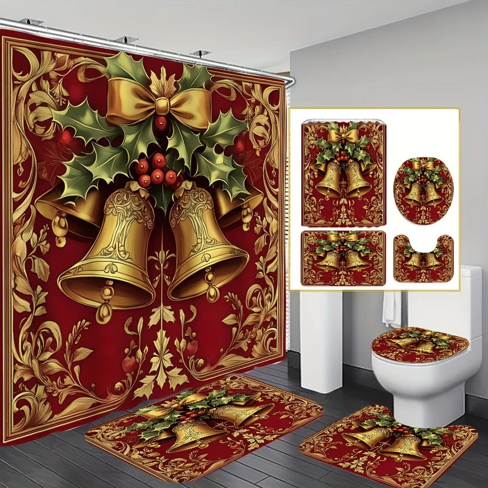 

4pcs Christmas Bell Shower Curtain Set, Bathroom Decor Kit Includes Printed High Quality Liner with Non-Slip Mat & Toilet Cove
