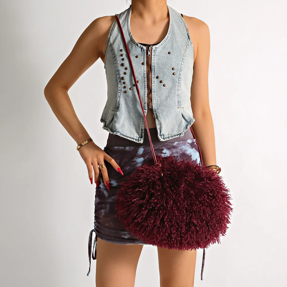 Women's Faux Fur Clutch Clip Bag Soft Plush Fluffy Shoulder Bags Whith Leather Strap Fake Fur Drawstring Underarm Bags For Woman