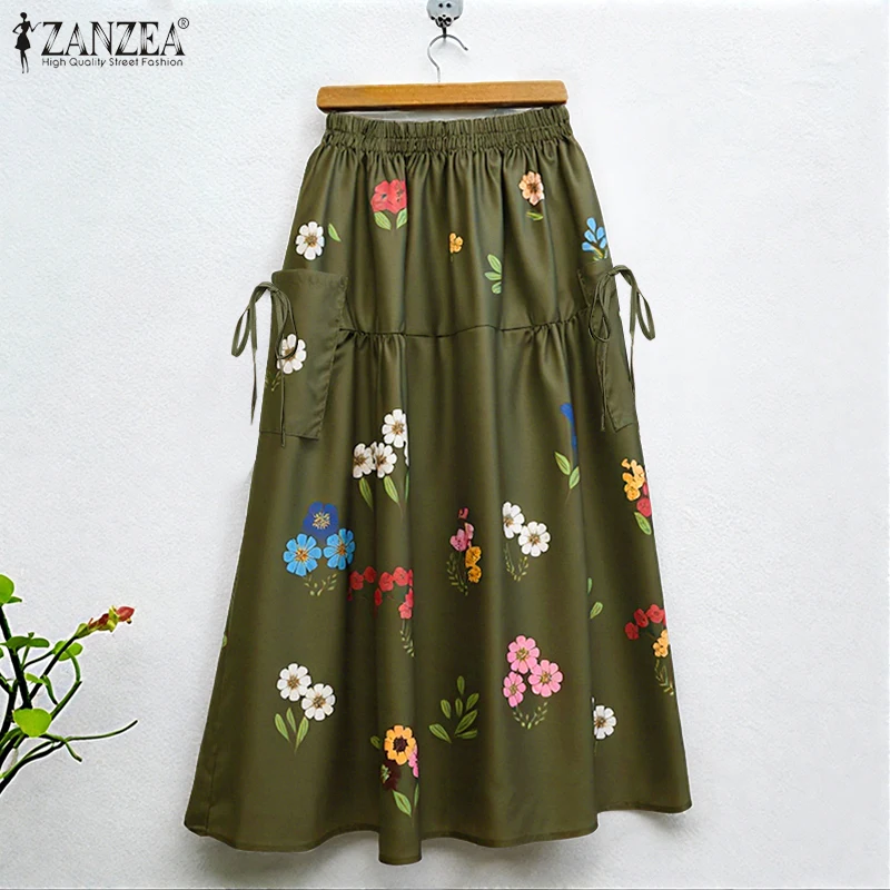 ZANZEA Modne Spódnice Maxi Damskie 2025 Jesienne Długie Spódnice z Kwiatowym Nadrukiem, Elastyczna Talia, Luźne Spódnice na Wakacje, Jupes Faldas Saia