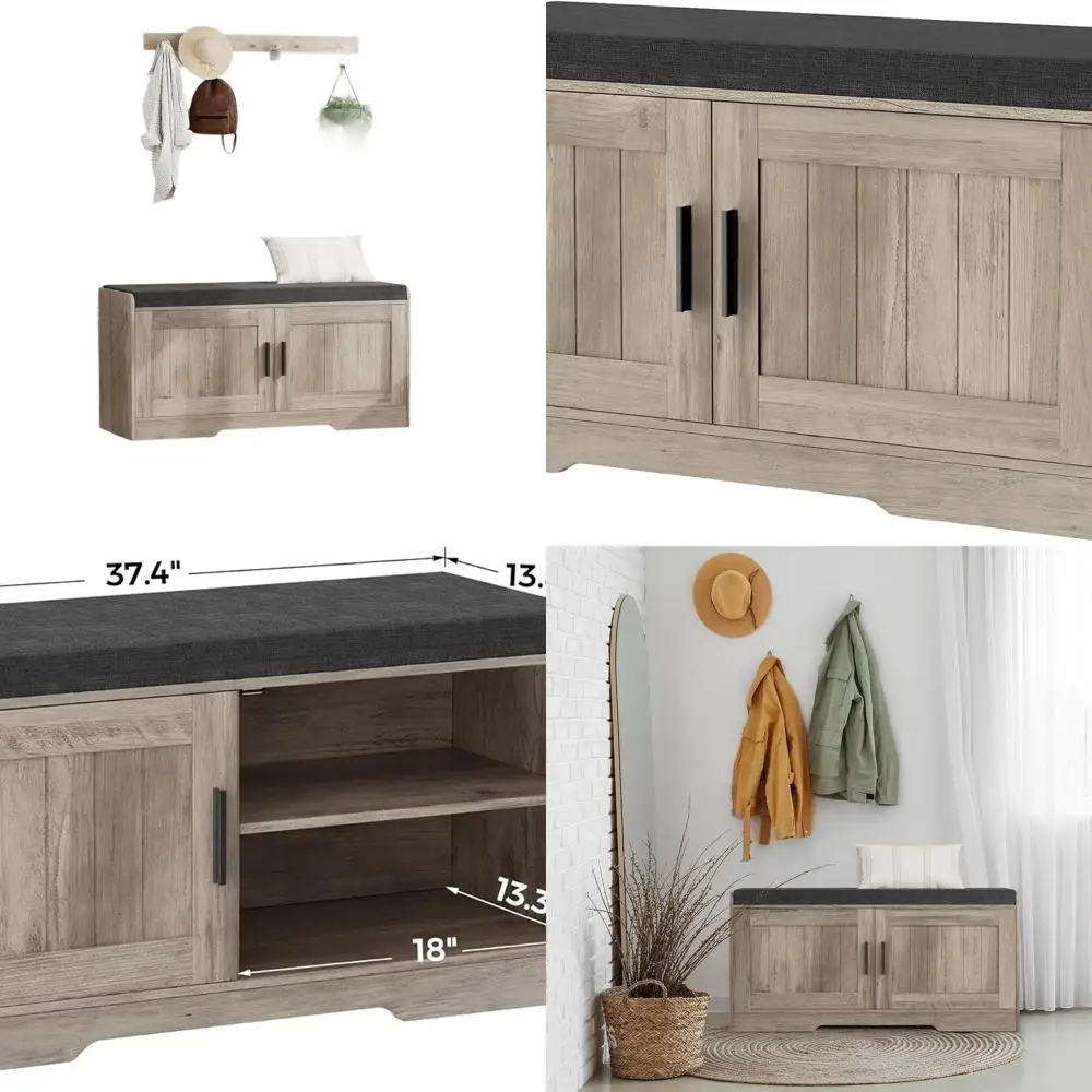 مقعد تخزين الأحذية بطبقة مزدوجة مع وسادة، خزانة ببابين، رف قابل للتعديل، 13.8 × 37.4 × 18.5، مناسب للمدخل، وغرفة المعيشة