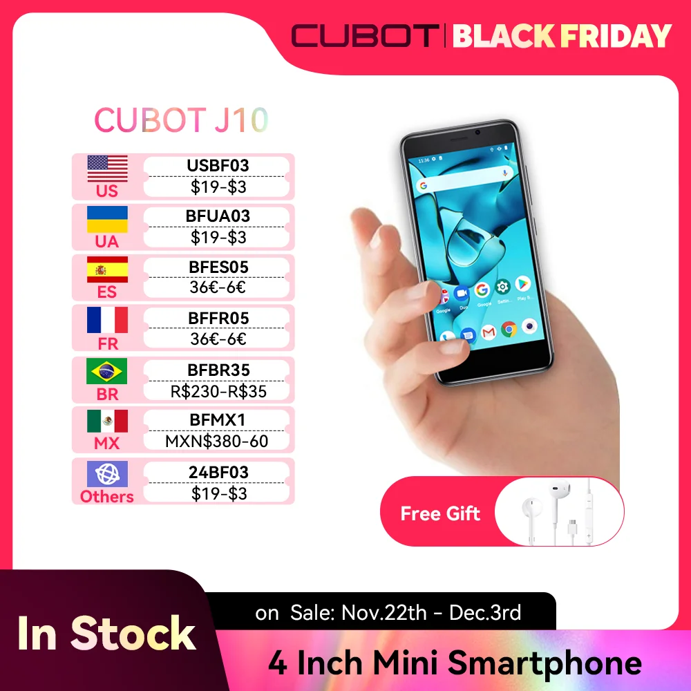 Cubot Android 11 Smartphone J10 4-Inch Screen MINI Mobile Phones 32GB ROM Dual SIM 3G Face ID 2350mAh 5MP Celular Smart Phone