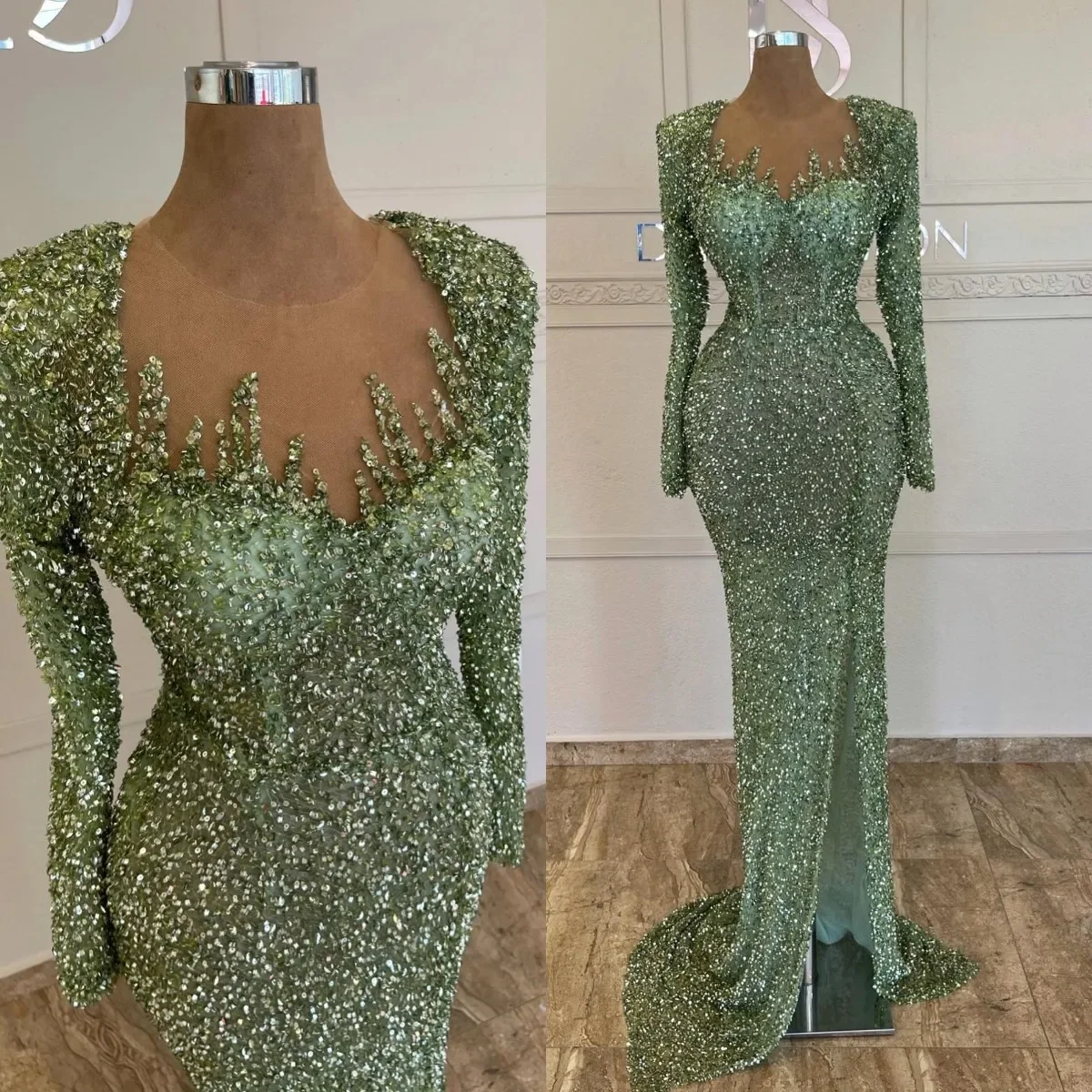 

Green Evening Dresses Mermaid Full Sleeve Handmade Sequined Backless Court Gown Party dresses Vestido De Noite Customized