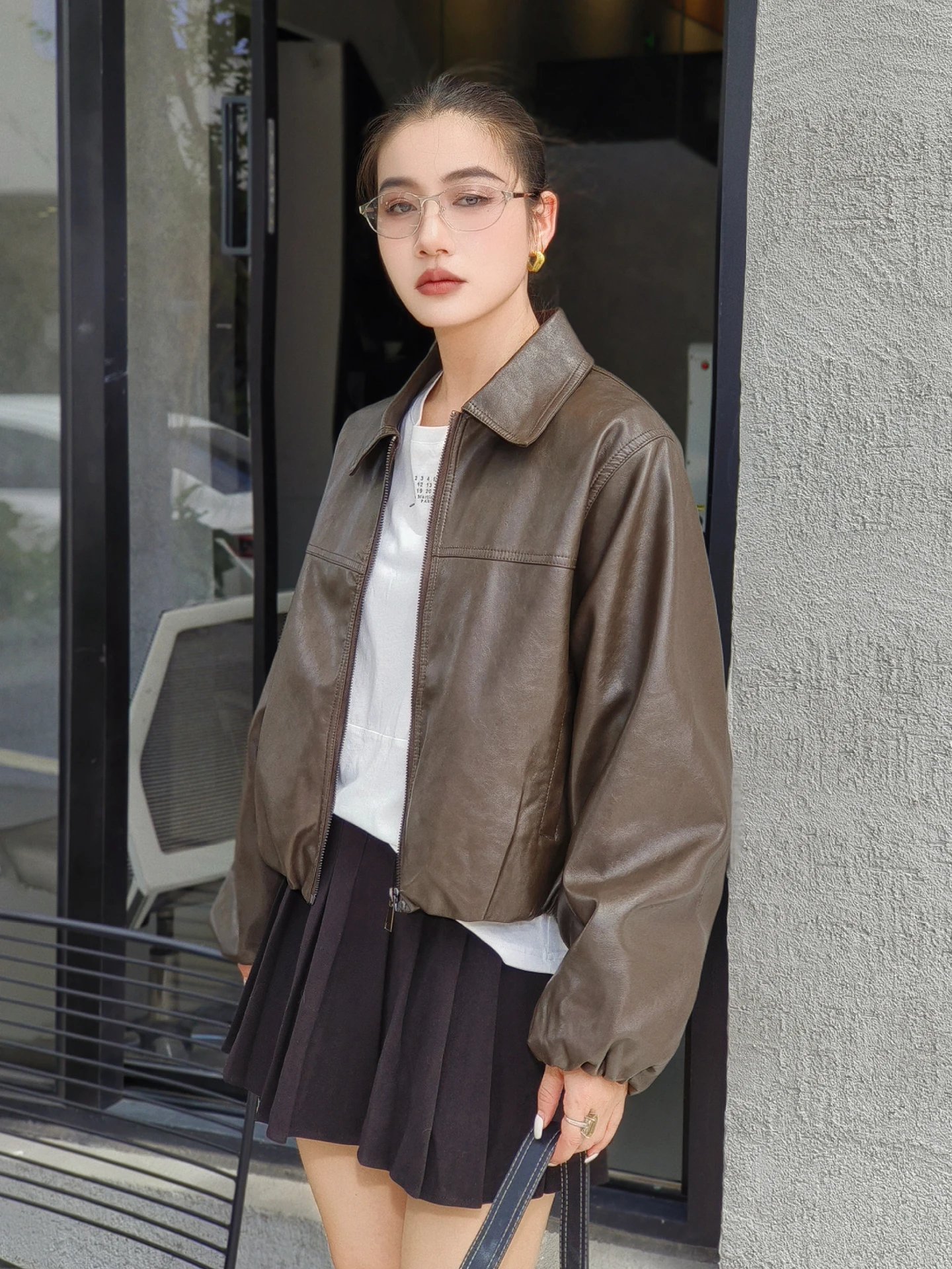 ort Bla Leder Jaet Damen Frühling Herbst Lose Flip Kragen Cool Street Sle Kleine Größe Einfache Jaet Top PU Leder