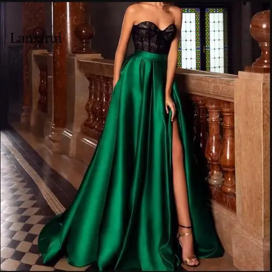 Black And Emerald Green Evening Strapless Dresses Lace Satin Sweetheart Side Side Sexy Prom Gowns Long Formal Dress