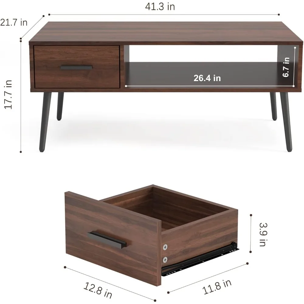 Mesa de centro, mesa central moderna de mediados de siglo para sala de estar con almacenamiento, mesa de té de nogal con cajón, estante de almacenamiento abierto