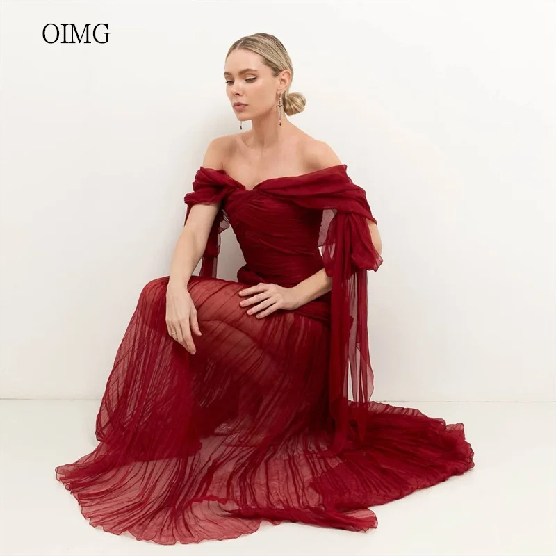 

OIMG Graceful Red Off The Shoulder A Line Prom Gowns Tiered Pleated Party Gown Floor Length Evening Dress 2026 Customized