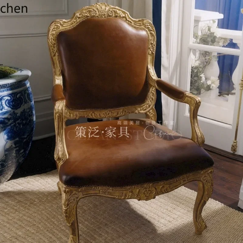 TQH7.2 Desk Chair Vintage Distressed Armchair French Style gold All Solid Wood Genuine Leather Single Sofa
