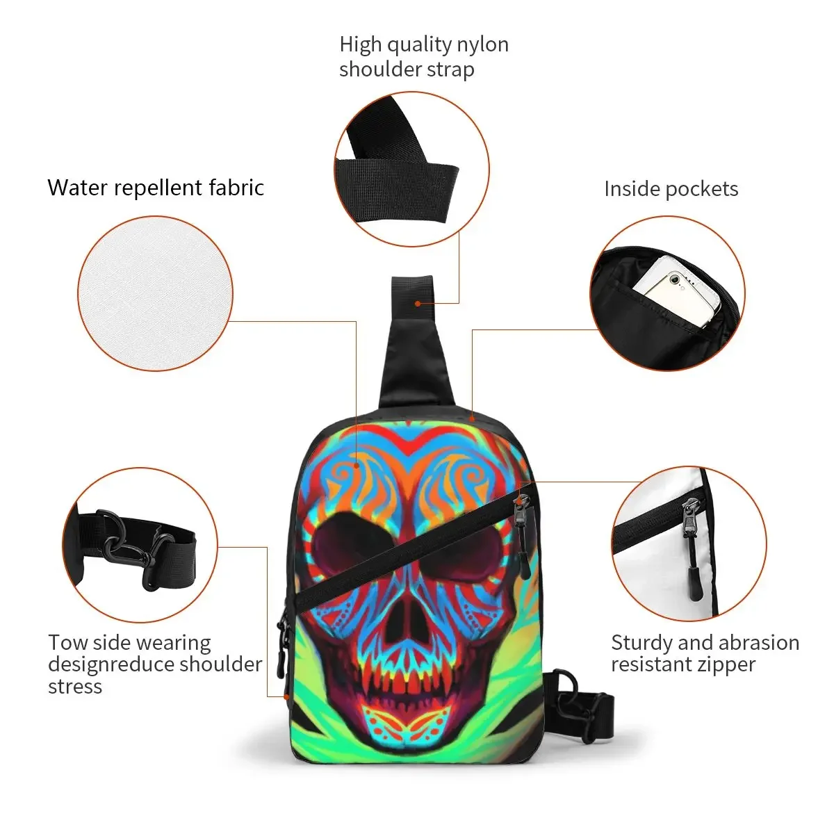 Scary Flaming Skull Sling Chest Bag Custom Halloween Horror Shoulder Crossbody Backpack for Men Travel Hiking Daypack