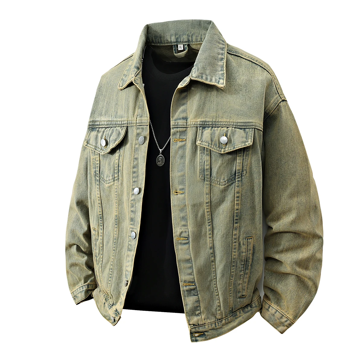Hochwertige, modische, stilvolle, lässige, trendige Frühlings-Jeansjacke im Hongkong-Stil in reiner Farbe und lockerer Passform für Herren
