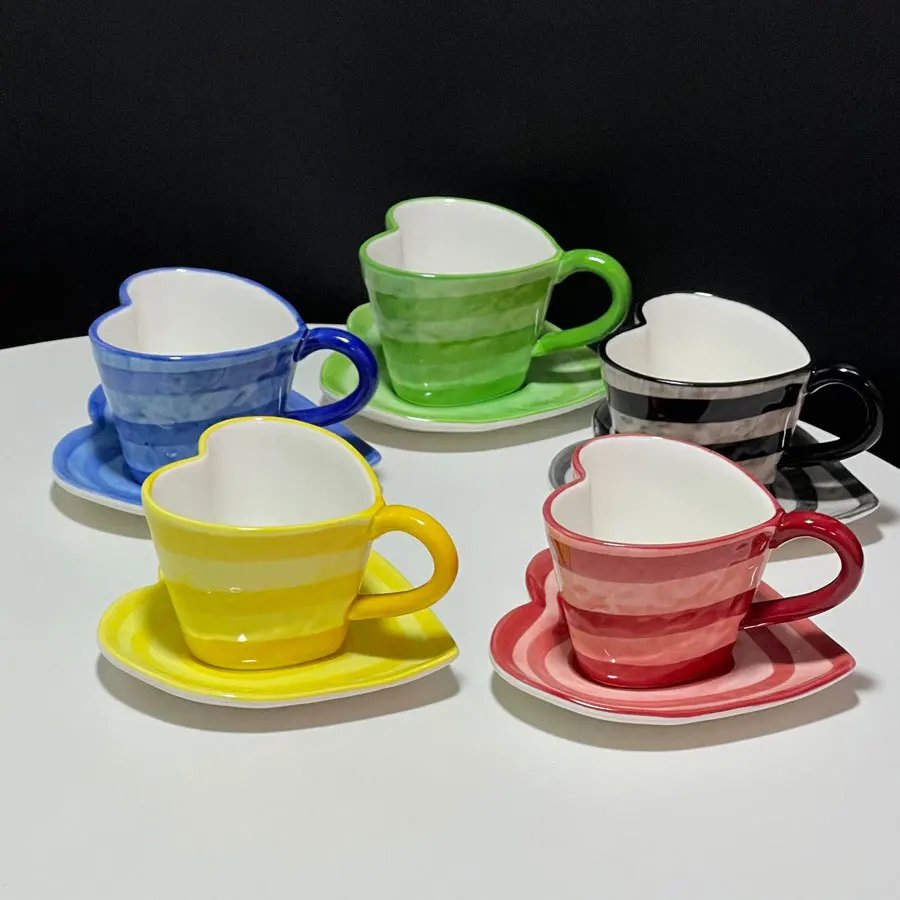 

Creative Design Underglaze Color Ceramic Hand Painted Stripes Heart Shaped Coffee Cups Plates Afternoon Tea Cup And Plate