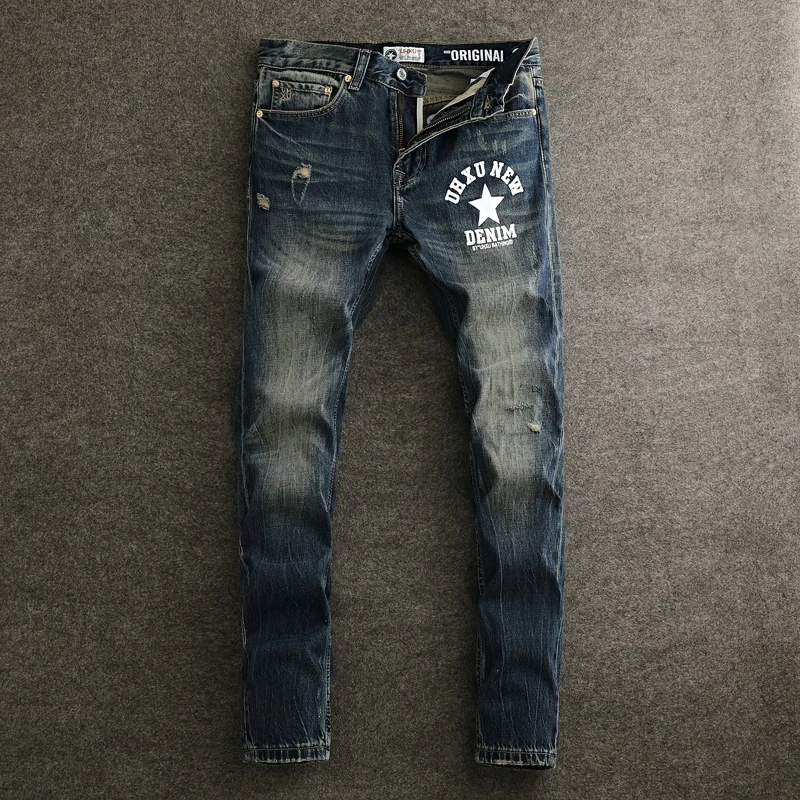 Hombrestreet fashion men's jeans high-quality retro washed blue straight leg split jeans men's printed retro denim pants homh