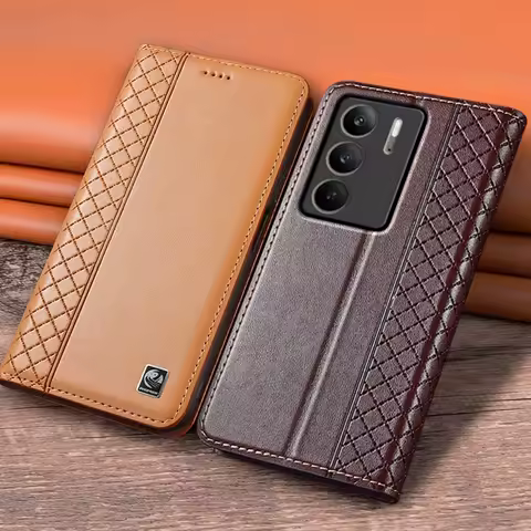 Flip Case For OPPO Realme C75 Genuine Leather Magnetic Cover Luxury Cowhide Grid Pattern Card Pocket Wallet Cases