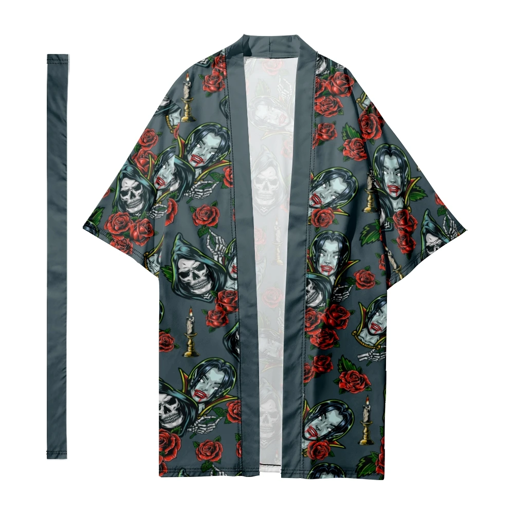 

Men's Japanese Traditional Skull Vampire Pattern Stripes Long Kimono Cardigan Samurai Bathrobes Kimono Shirt Yukata Jacket