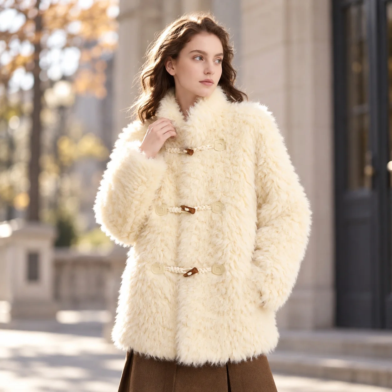 Thick Single Coat Mid Length Sweet Style with Long Sleeve Princess Sleeve Single Breasted Multi Button Horn Button Women Jacket