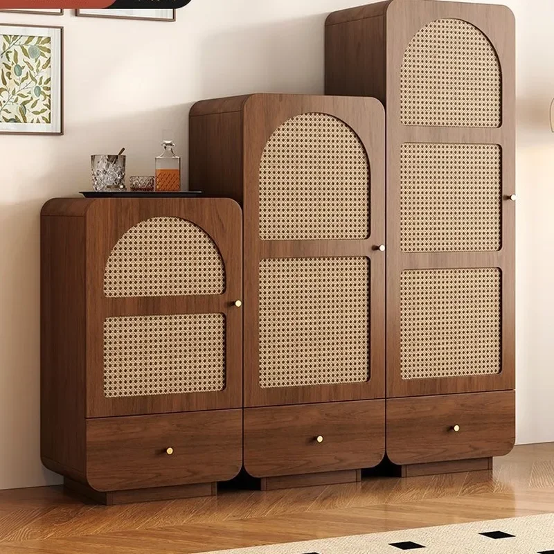 Retro Rattan Sideboard Cabinet Narrow Vertical Storage Unit for Living Room Dining Area Wine Display Console Table Against