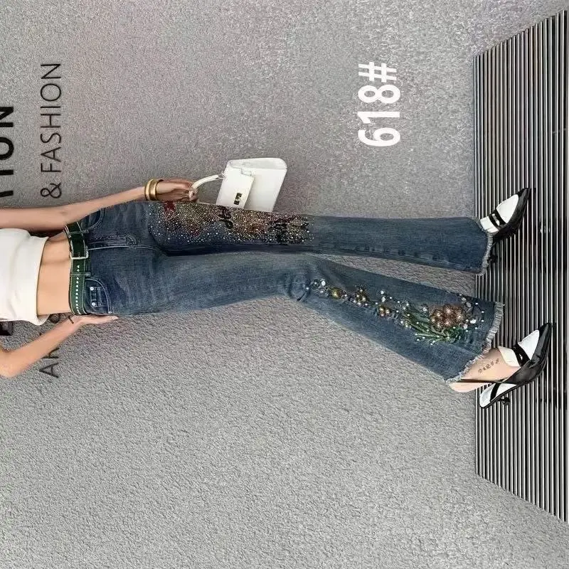 

Женские облегающие джинсы с высокой талией и бисером, винтажные эластичные брюки с необработанными краями для весенне-осенней моды