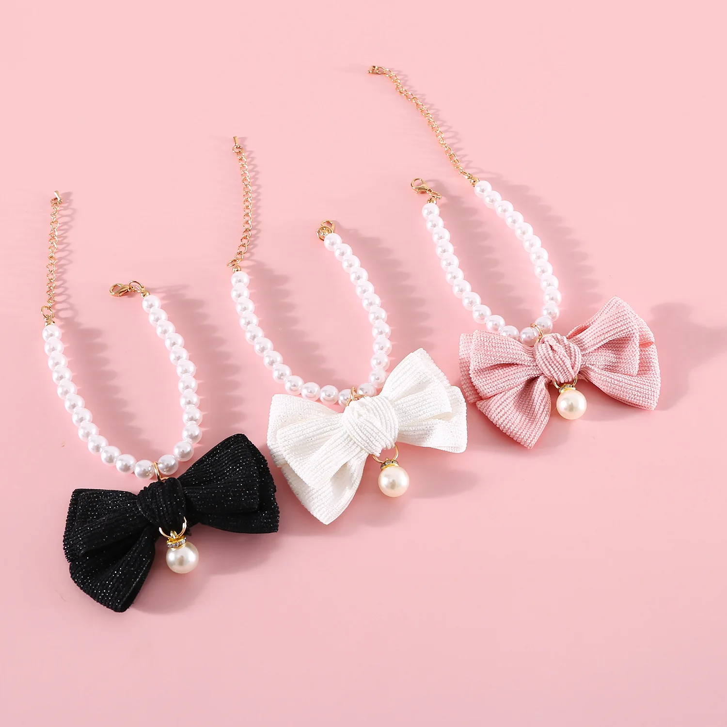 New Pet Pearl Diamond Bow Cat Necklace Princess Style Velvet Necktie Pendant Birthday Dog Collar Pet Accessories