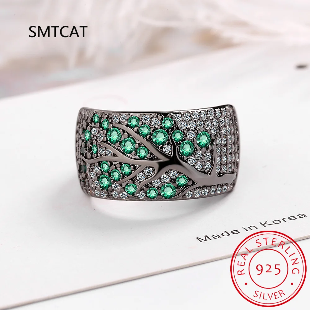 Green Simulated Nano Emerald 925 Sterling Silver Vintage Tree Branch Plum Blossom Adjustable Ring for Women Gemstone Jewelry