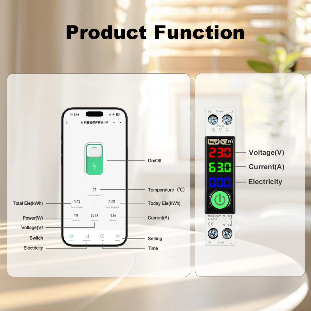 MANHOT WiFi Smart Circuit Breaker 1P+N 63A Din Rail Switch With LED Metering Display Smart Breaker Voice Control For Tuya Alexa