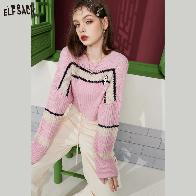 ELFSACK Mohair Short Pink Sweaters Women 2023 Spring Loose Casual Tops