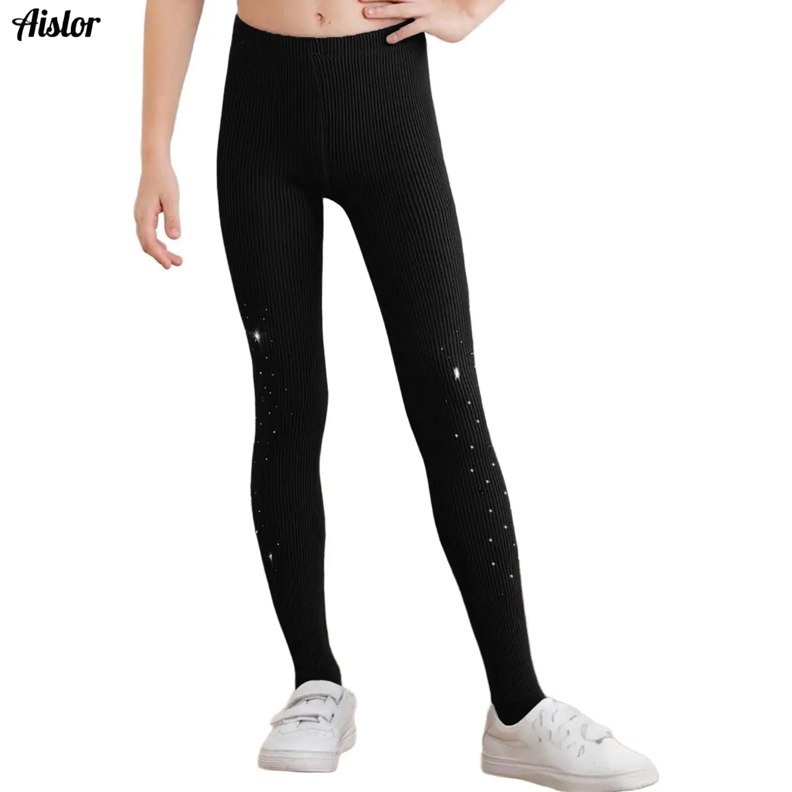 

Kids Girls Ballet Tights Stretchy Ribbed Sparkling Rhinestones Pantyhose Elastic Waistband Solid Color Footed Leggings Pants