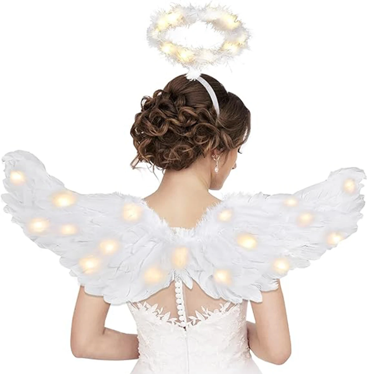 LED Angel Wings and Halo, Light Up Angel Halo White Fairy Cupid Wings Christmas Costume for Girls Kids Adult Women