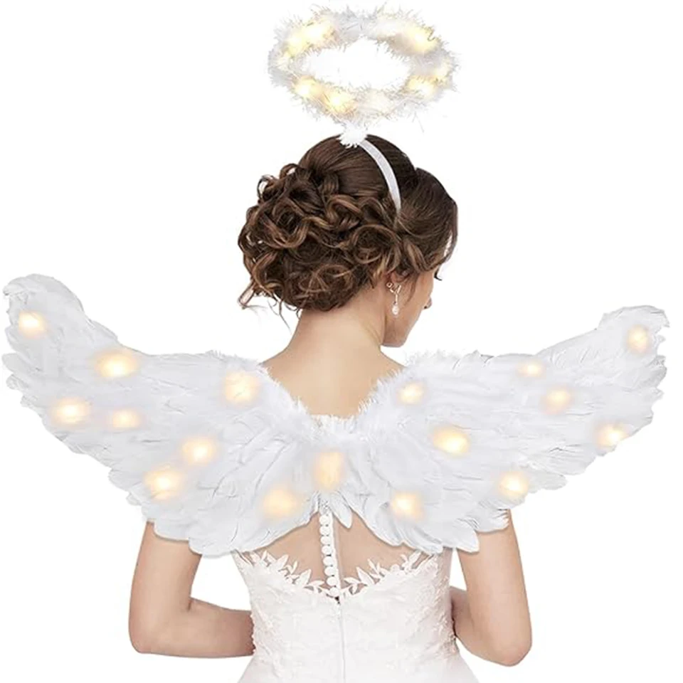 Ailes D'Ange LED Enfant 60cm Avec Halo Et Baguette - Déguisement Fée Lumineux Pour Filles 2-12 Ans