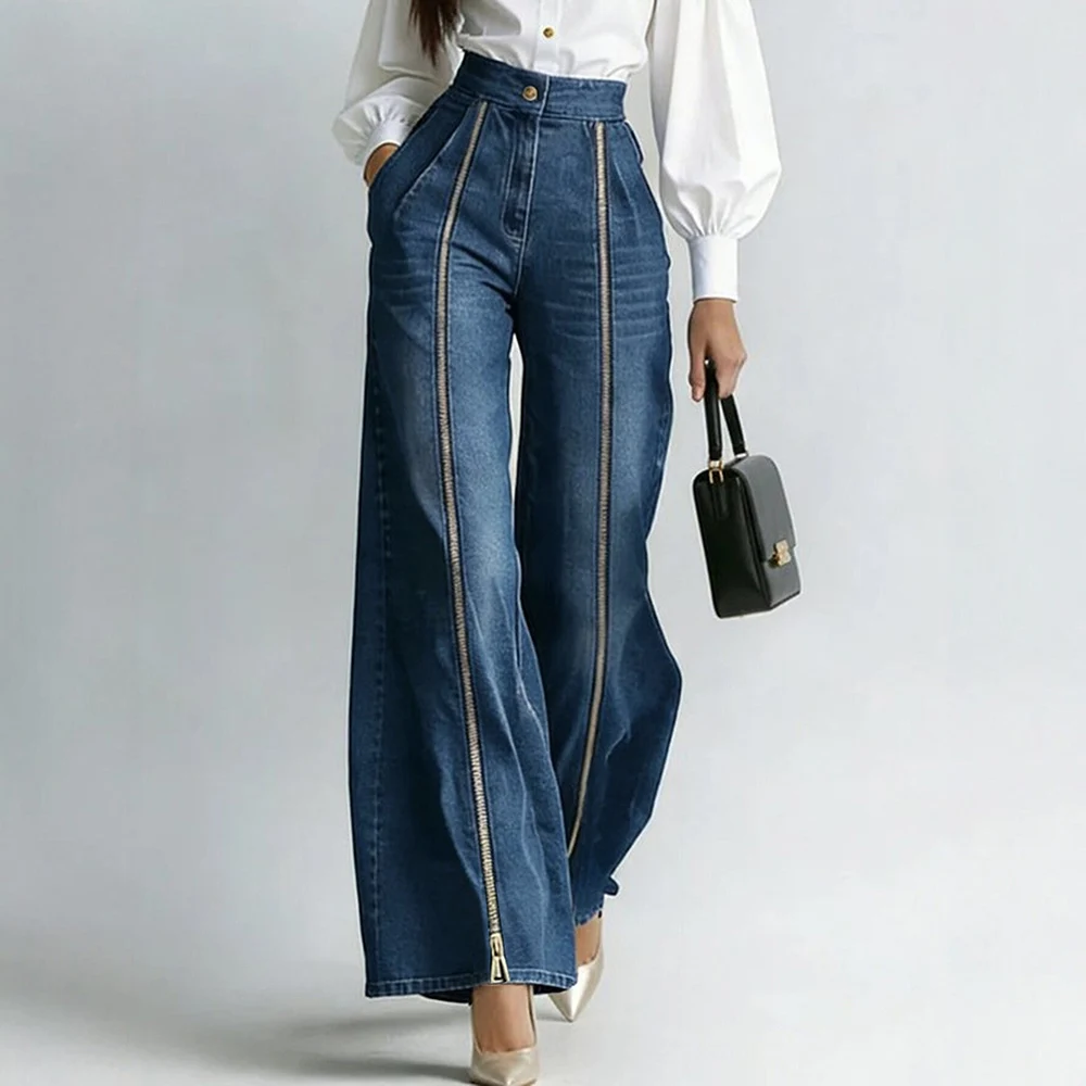 Jean en denim pour femme, élégant, décontracté, taille haute, vintage, avec double fermeture éclair dorée, coupe droite, jambe large évasée, style streetwear