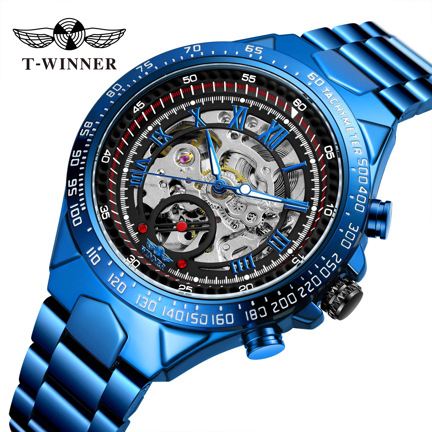 2024 Blue Dial Stainless Steel Skeleton Mechanical Automatic Watch Military Waterproof Male Wrist Watches High End Luxury Clock