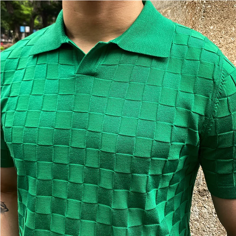 2022 Summer Plaid Knitted Polo Shirts Men Short Sleeve V-Neck Knitted Lapel Tee Tops Elasticity Slim Casual Business Social Polo