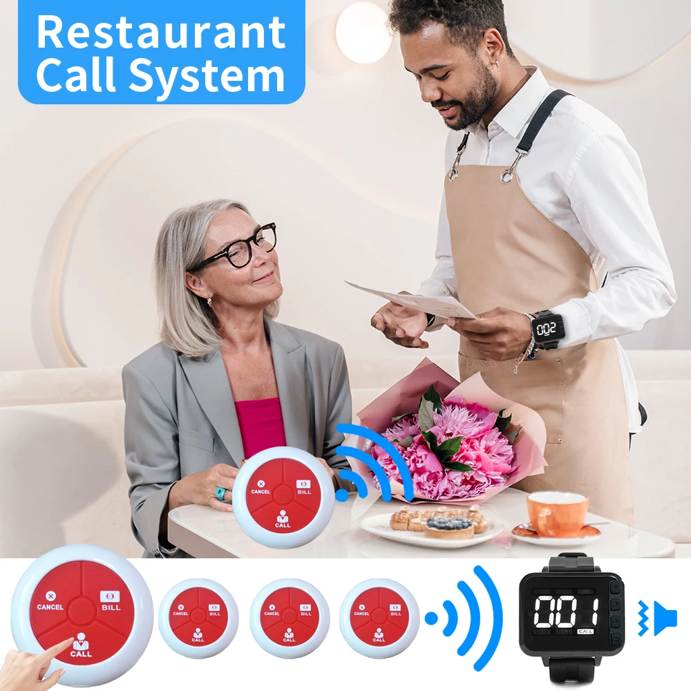 Restaurant Pager Wireless  Restaurant Calling System Service Call Button1 Number Display 20 Waterproof Buttons 3 Watch Pager