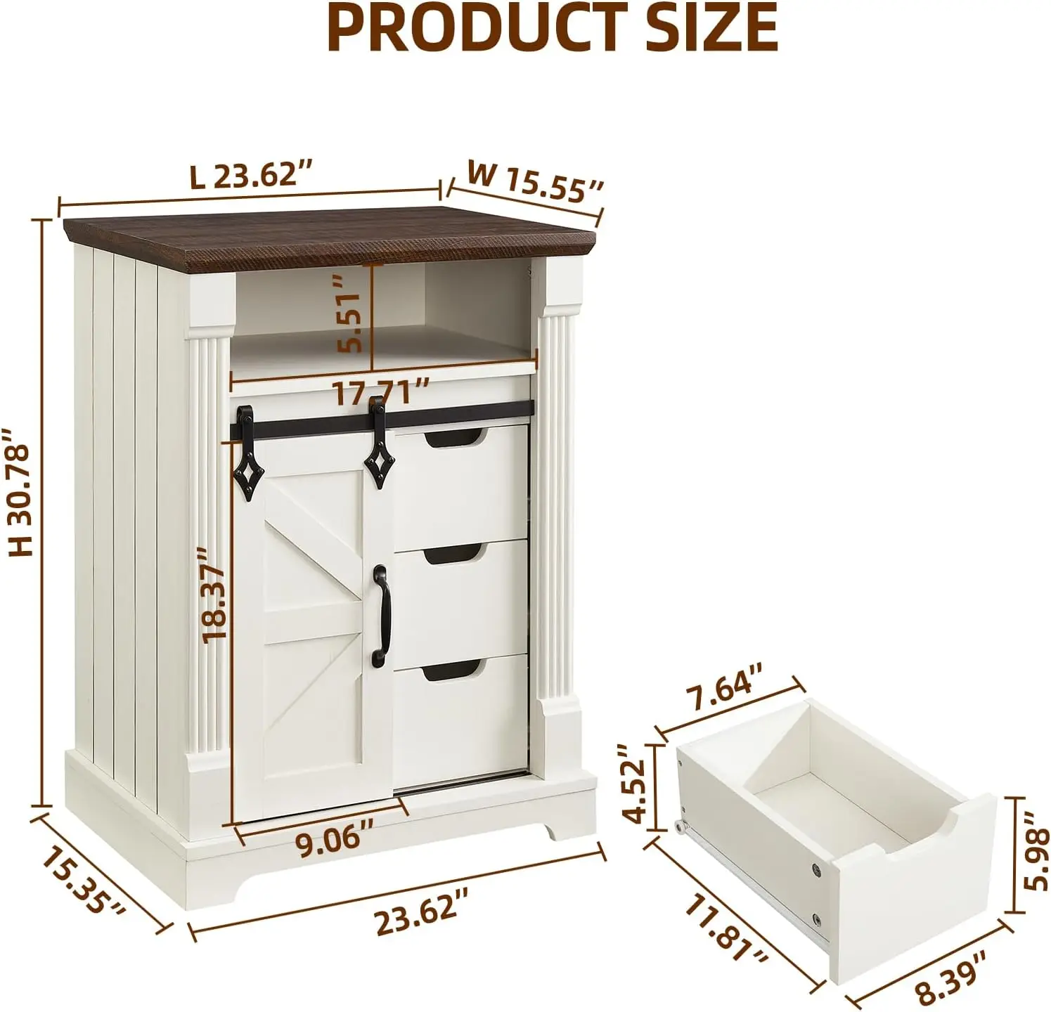 خزانة حمام المزرعة مع باب الحظيرة المنزلق، وخزانة تخزين ريفية مع درج - أبيض عتيق