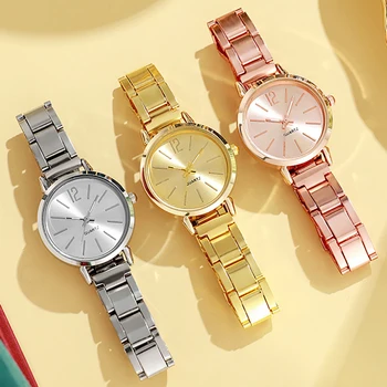 MAYZHISU 여성용 심플 라운드 스테인레스 손목시계, 골드 컬러 팔찌 쿼츠 시계, 패션 여성 시계 선물