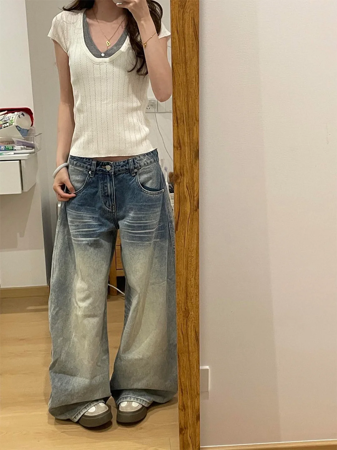 

Summer 2026 High Waist Wide Leg American Style Denim Jeans Women's Slimming Washed down Thin Jeans Casual Pure Color