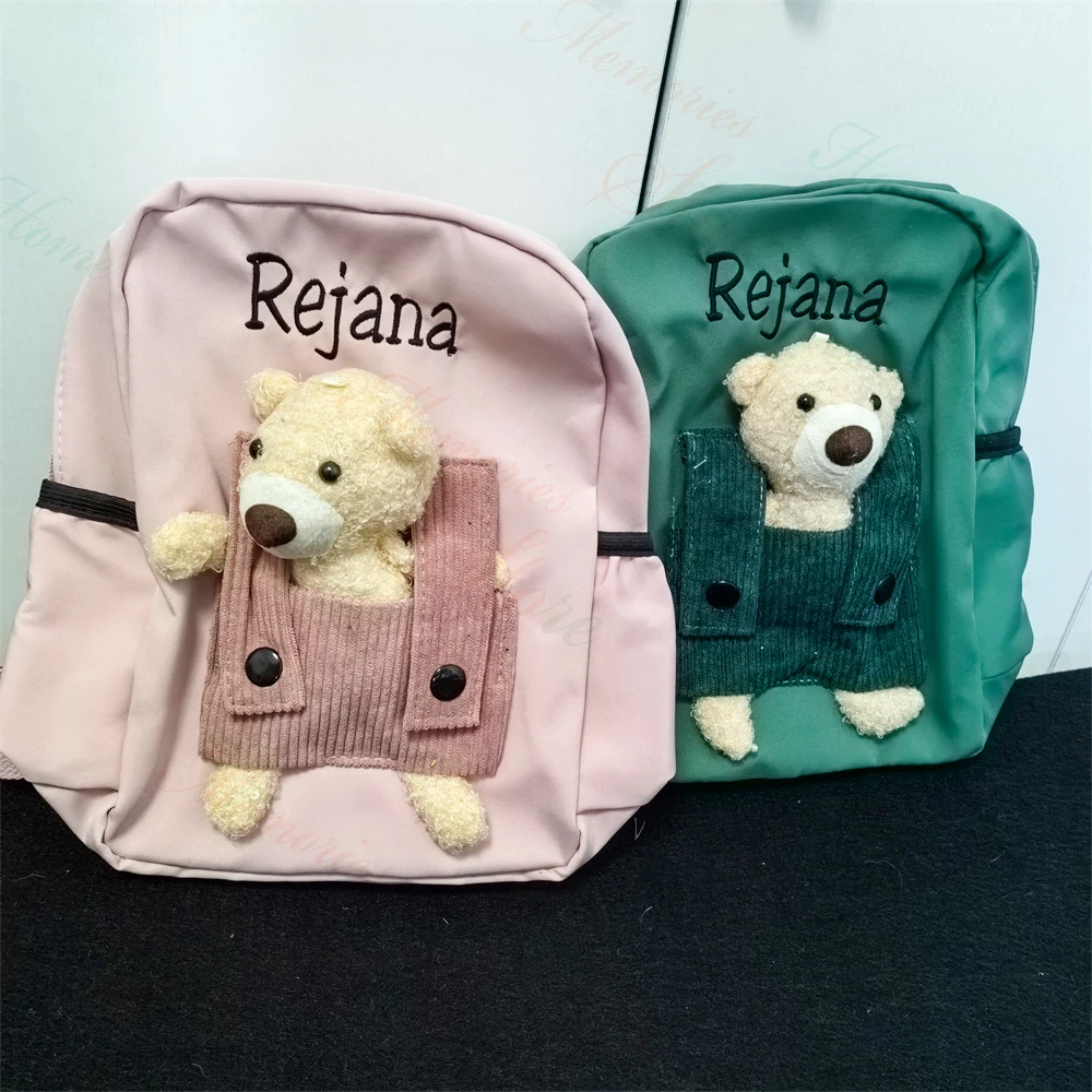 New Personalized Name Cartoon Cute Bear Nylon Backpack Custom Embroidered Any Name Kindergarten Book Bag Kid\'s Outdoor Snackbags