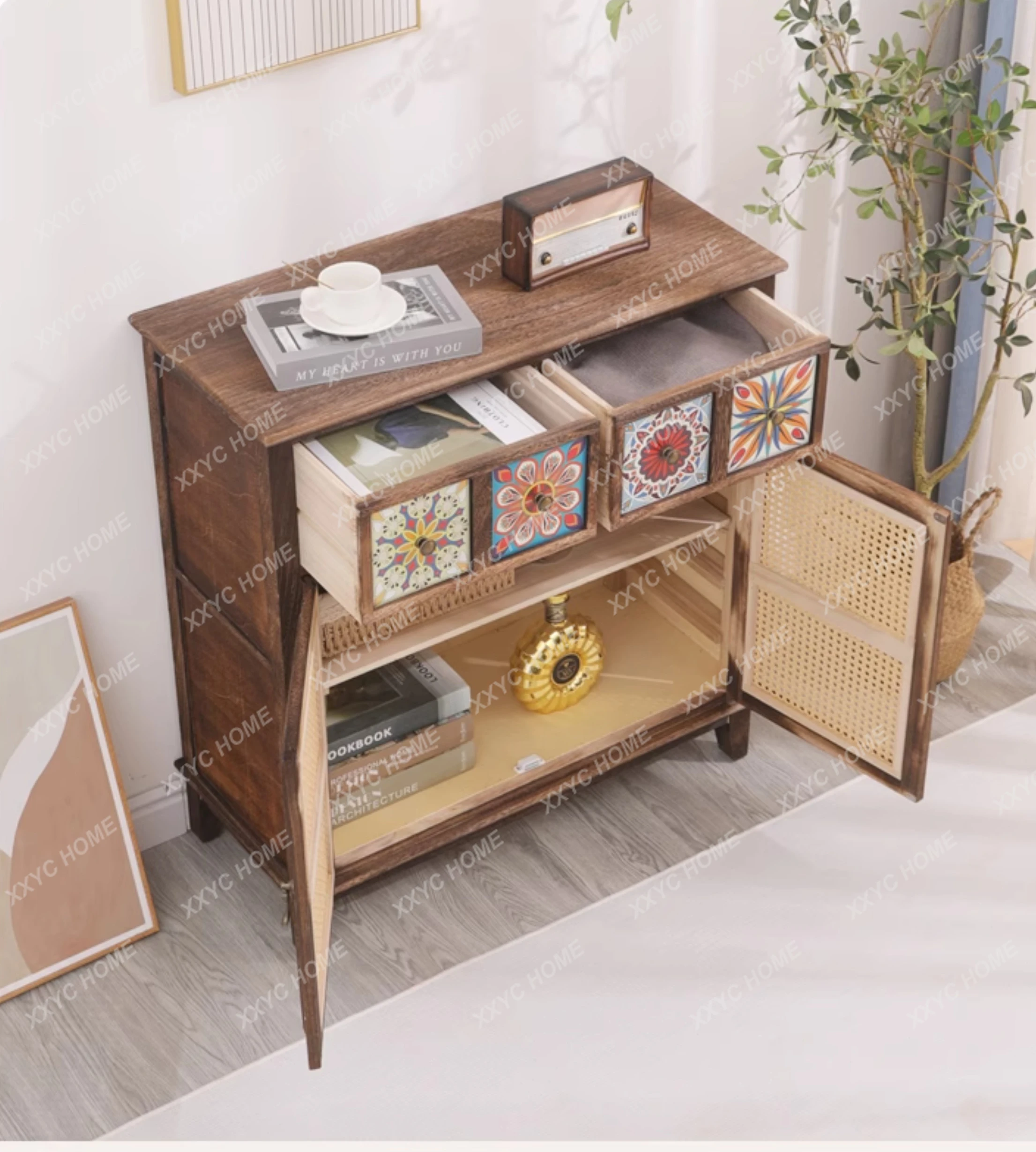 Solid Wood Sideboard Household Rattan Chest of Drawers Tea Cabinet Retro Equipment Sideboard