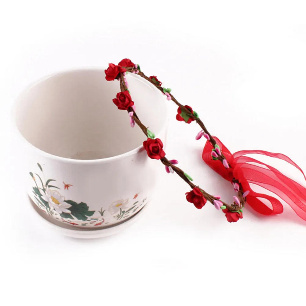 

Child Rose Decor Headband Red Floral Wreath Hairband Girls Hair Accessories Cute Elegant for Party Kids Children